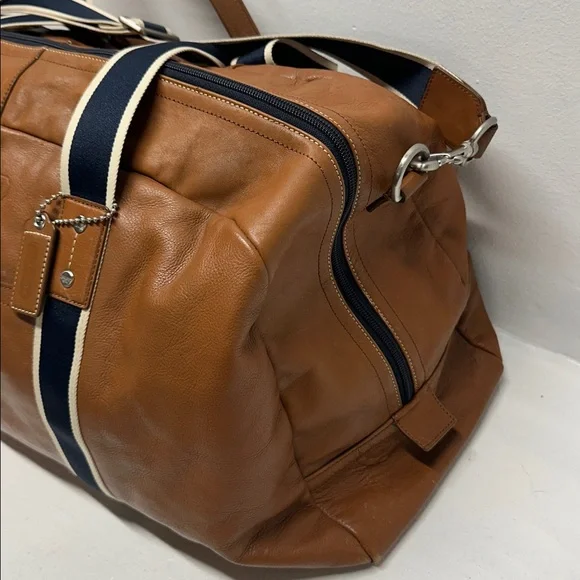 Coach Boston Bag Heritage Duffle Striped Travel 2 Way Shoulder Strap Navy Brown - Picture 6 of 16